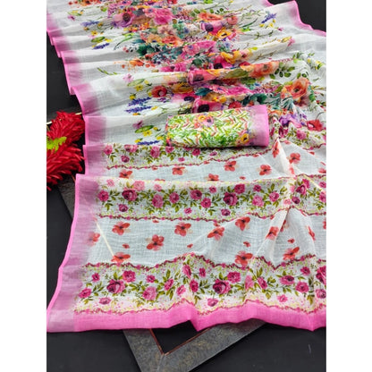 Generic Women's Cotton Linen Printed Saree With Unstitched Blouse 5.5Mtr (Pink)
