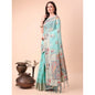 Generic Women's Linen Cotton Printed Saree With Unstitched Blouse 5.5Mtr (Sky Blue)