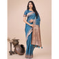 Generic Women's Linen Cotton Printed Saree With Unstitched Blouse 5.5Mtr (Blue)