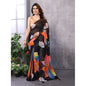 Generic Women's Small Lace Georgette Printed Ready-to-Wear Saree With Unstitched Blouse 5.5 Mtr (Black)