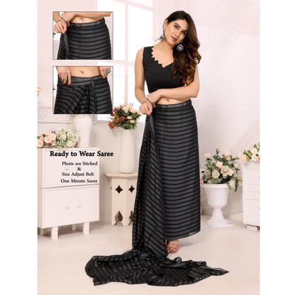 Generic Women's  Black Berry Striped Ready-to-Wear Saree With Unstitched Blouse 5.5 Mtr (Grey-Black)