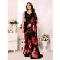 Generic Women's Small Lace Georgette Printed Ready-to-Wear Saree With Unstitched Blouse 5.5 Mtr (Black-Red)