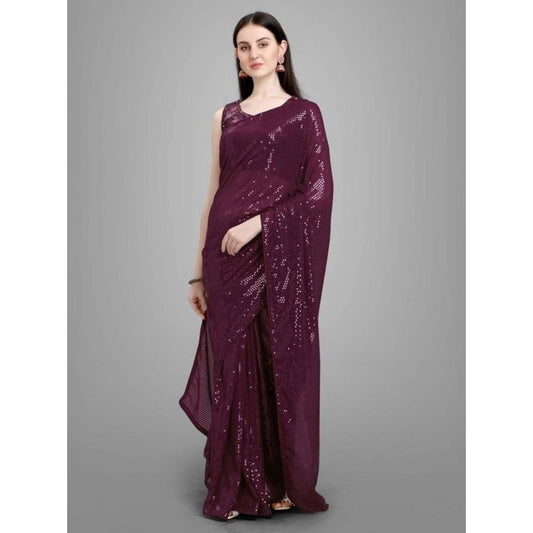 Generic Women's Georgette Embellished Sequnece Bollywood Saree With Unstitched Blouse 5.5Mtr (Purple)