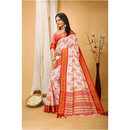 Generic Women's Soft Cotton Silk Printed Saree With Unstitched Blouse 5.5Mtr (Red)