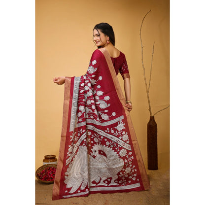 Generic Women's Soft Handloom Cotton Kalamkari Printed Saree With Unstitched Blouse 5.5Mtr (Maroon)