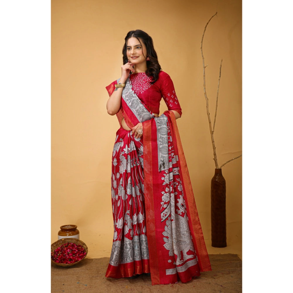 Generic Women's Soft Handloom Cotton Kalamkari Printed Saree With Unstitched Blouse 5.5Mtr (Pink)