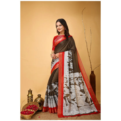 Generic Women's Soft Handloom Cotton Kalamkari Printed Saree With Unstitched Blouse 5.5Mtr (Brown)