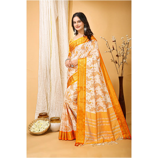 Generic Women's Soft Cotton Silk Printed Saree With Unstitched Blouse 5.5Mtr (Yellow)