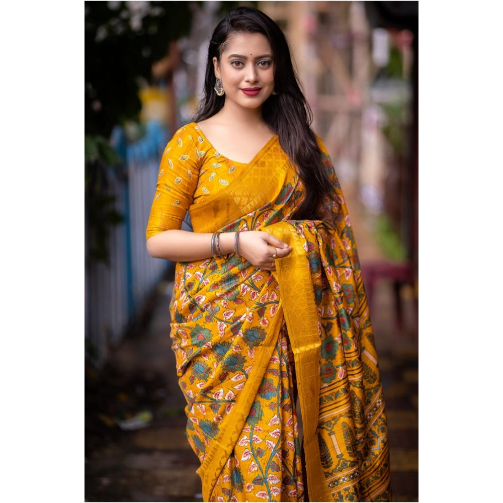 Generic Women's Soft Dola Cotton Kalamkari Printed Saree With Unstitched Blouse 5.5Mtr (Yellow)