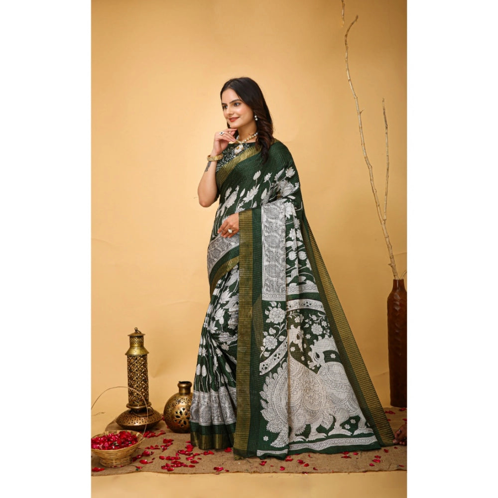 Generic Women's Soft Handloom Cotton Kalamkari Printed Saree With Unstitched Blouse 5.5Mtr (Green)