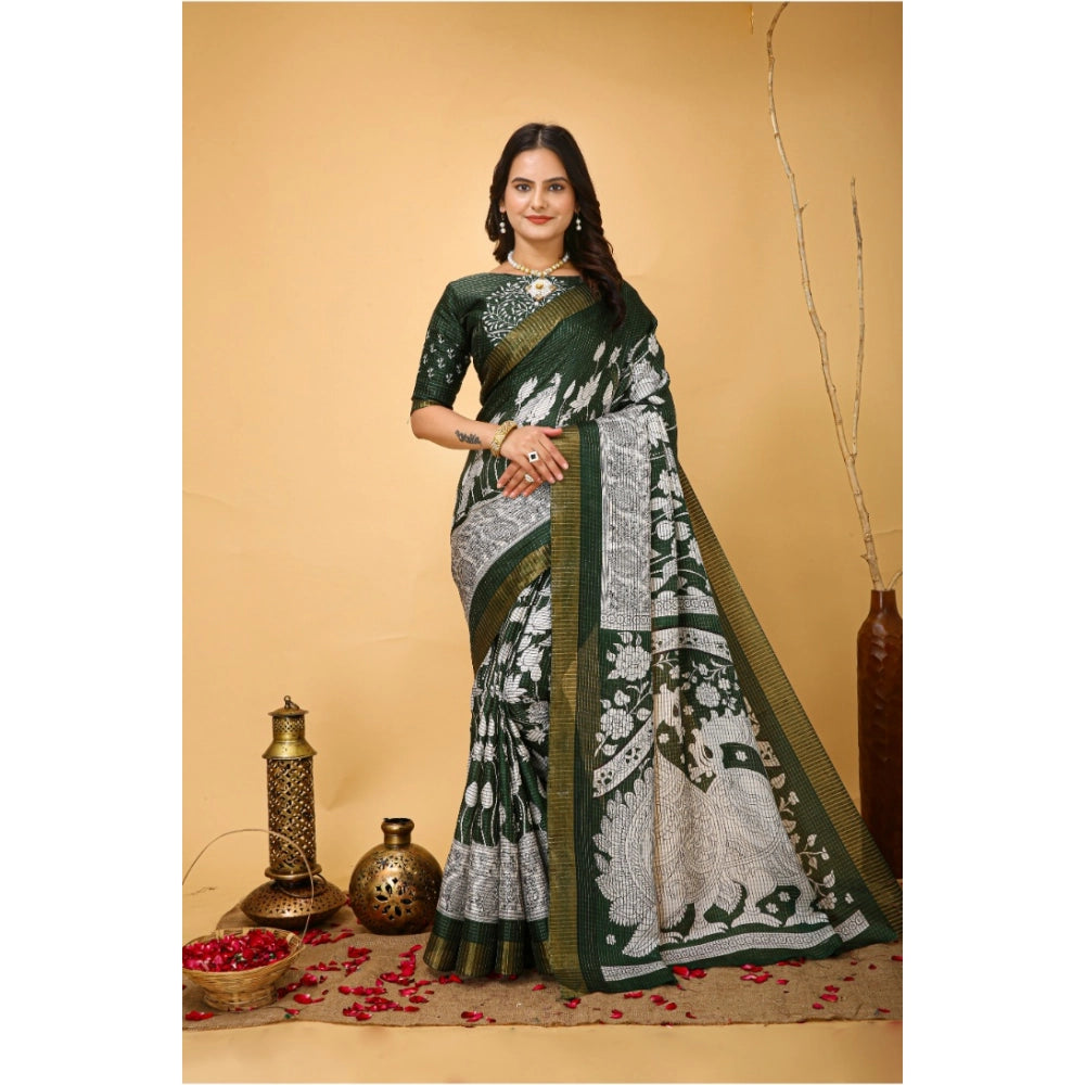 Generic Women's Soft Handloom Cotton Kalamkari Printed Saree With Unstitched Blouse 5.5Mtr (Green)