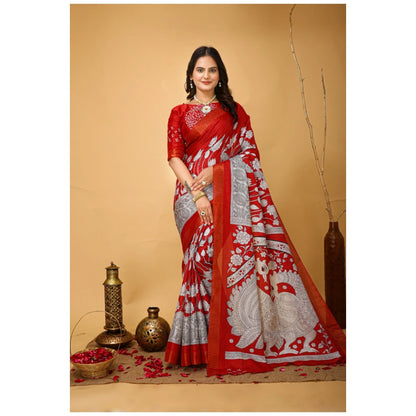 Generic Women's Soft Handloom Cotton Kalamkari Printed Saree With Unstitched Blouse 5.5Mtr (Red)