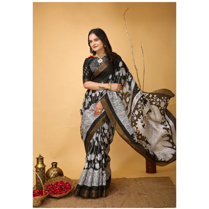 Generic Women's Soft Handloom Cotton Kalamkari Printed Saree With Unstitched Blouse 5.5Mtr (Black)