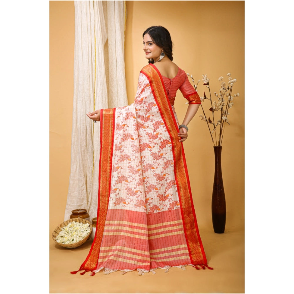 Generic Women's Soft Cotton Silk Printed Saree With Unstitched Blouse 5.5Mtr (Red)