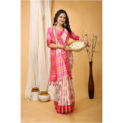 Generic Women's Soft Cotton Silk Printed Saree With Unstitched Blouse 5.5Mtr (Pink)