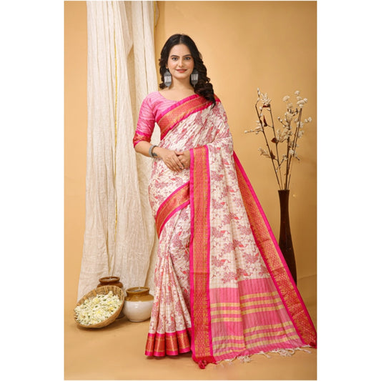 Generic Women's Soft Cotton Silk Printed Saree With Unstitched Blouse 5.5Mtr (Pink)