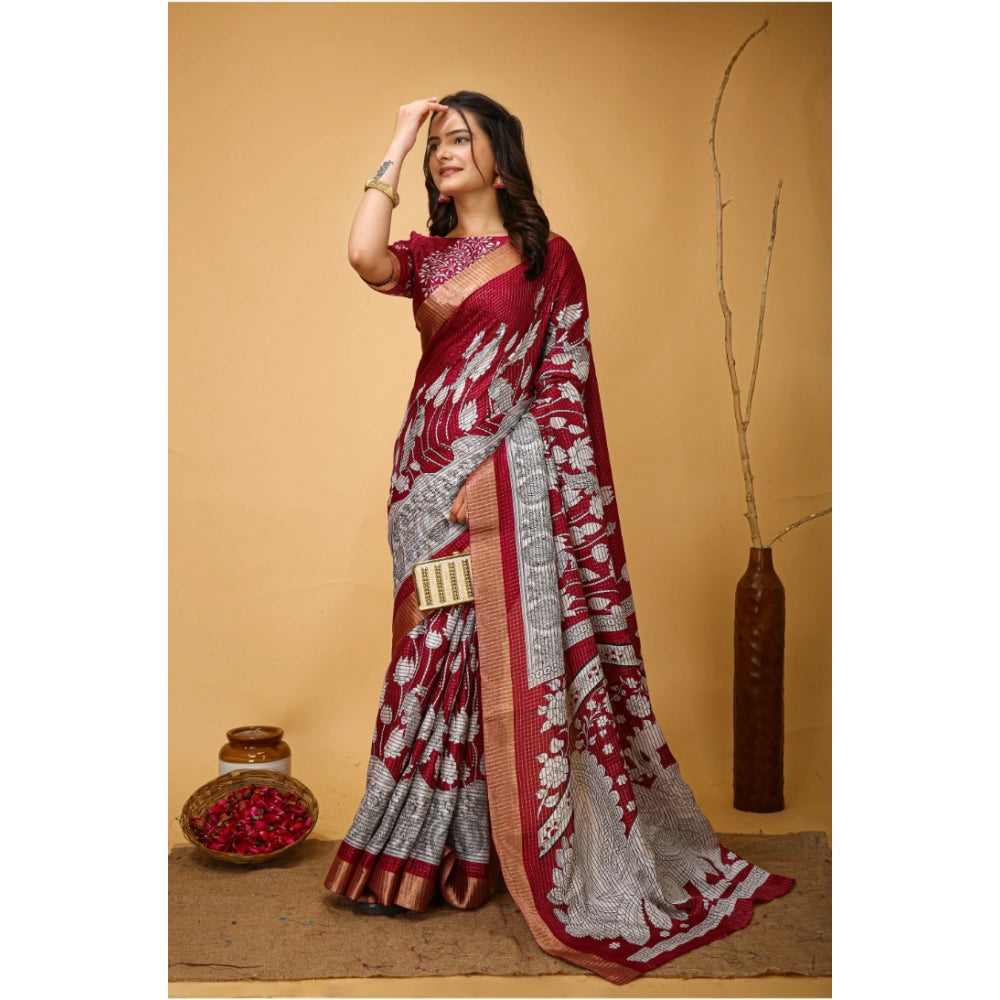 Generic Women's Soft Handloom Cotton Kalamkari Printed Saree With Unstitched Blouse 5.5Mtr (Maroon)