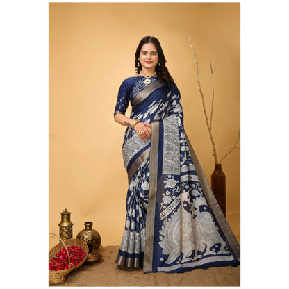 Generic Women's Soft Handloom Cotton Kalamkari Printed Saree With Unstitched Blouse 5.5Mtr (Blue)