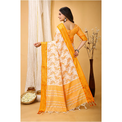 Generic Women's Soft Cotton Silk Printed Saree With Unstitched Blouse 5.5Mtr (Yellow)