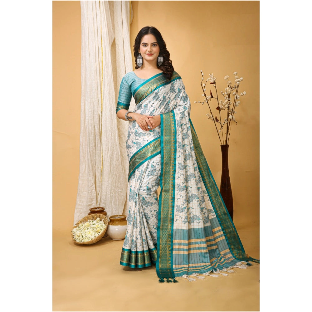Generic Women's Soft Cotton Silk Printed Saree With Unstitched Blouse 5.5Mtr (Turquoise)
