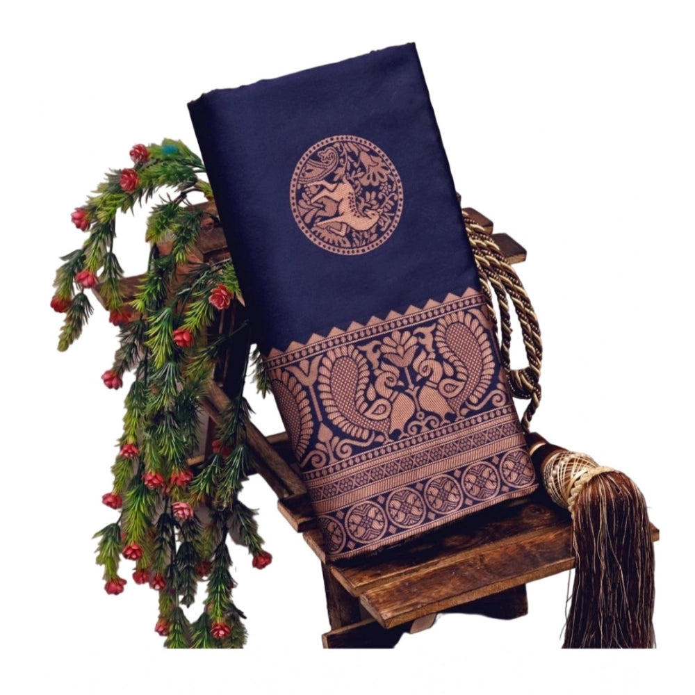 Generic Women's Soft Lichi Silk Printed Saree With Unstitched Blouse 5.5Mtr (Navy Blue)