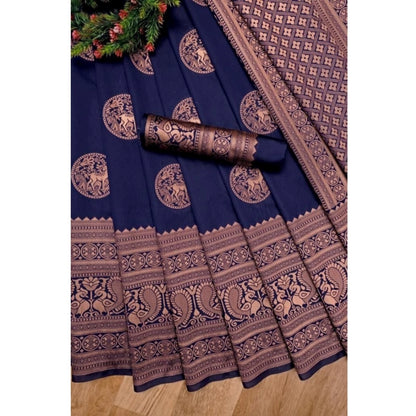 Generic Women's Soft Lichi Silk Printed Saree With Unstitched Blouse 5.5Mtr (Navy Blue)