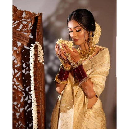 Generic Women's Soft Lichi Silk Printed Saree With Unstitched Blouse 5.5Mtr (Golden)