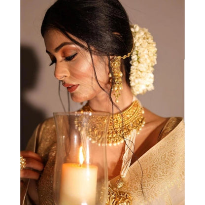 Generic Women's Soft Lichi Silk Printed Saree With Unstitched Blouse 5.5Mtr (Golden)