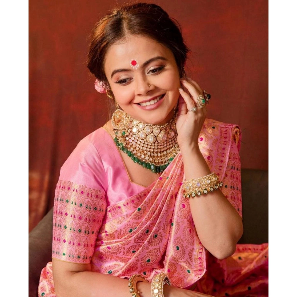 Generic Women's Soft Lichi Silk Printed Saree With Unstitched Blouse 5.5Mtr (Pink)