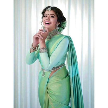 Generic Women's Soft Lichi Silk Printed Saree With Unstitched Blouse 5.5Mtr (Light Green)