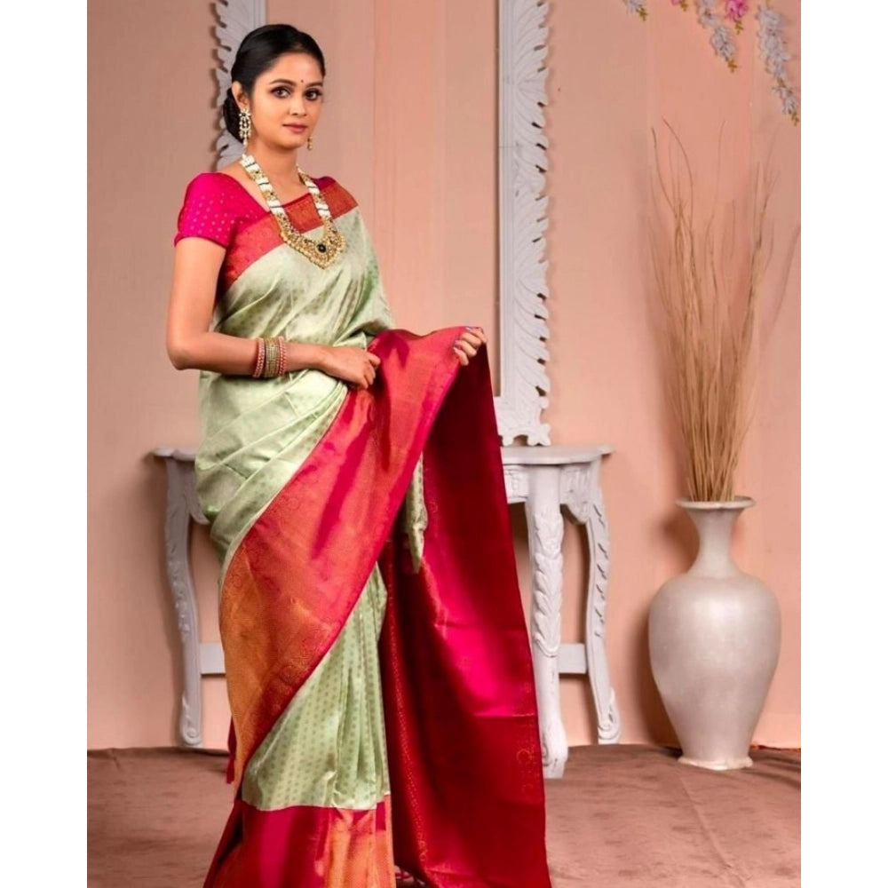 Generic Women's Soft Lichi Silk Printed Saree With Unstitched Blouse 5.5Mtr (Light Green)