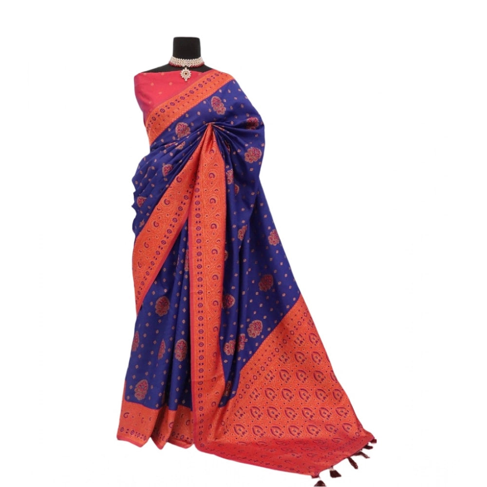 Generic Women's Banarasi Printed Saree With Unstitched Blouse 5.5Mtr (Navy Blue)