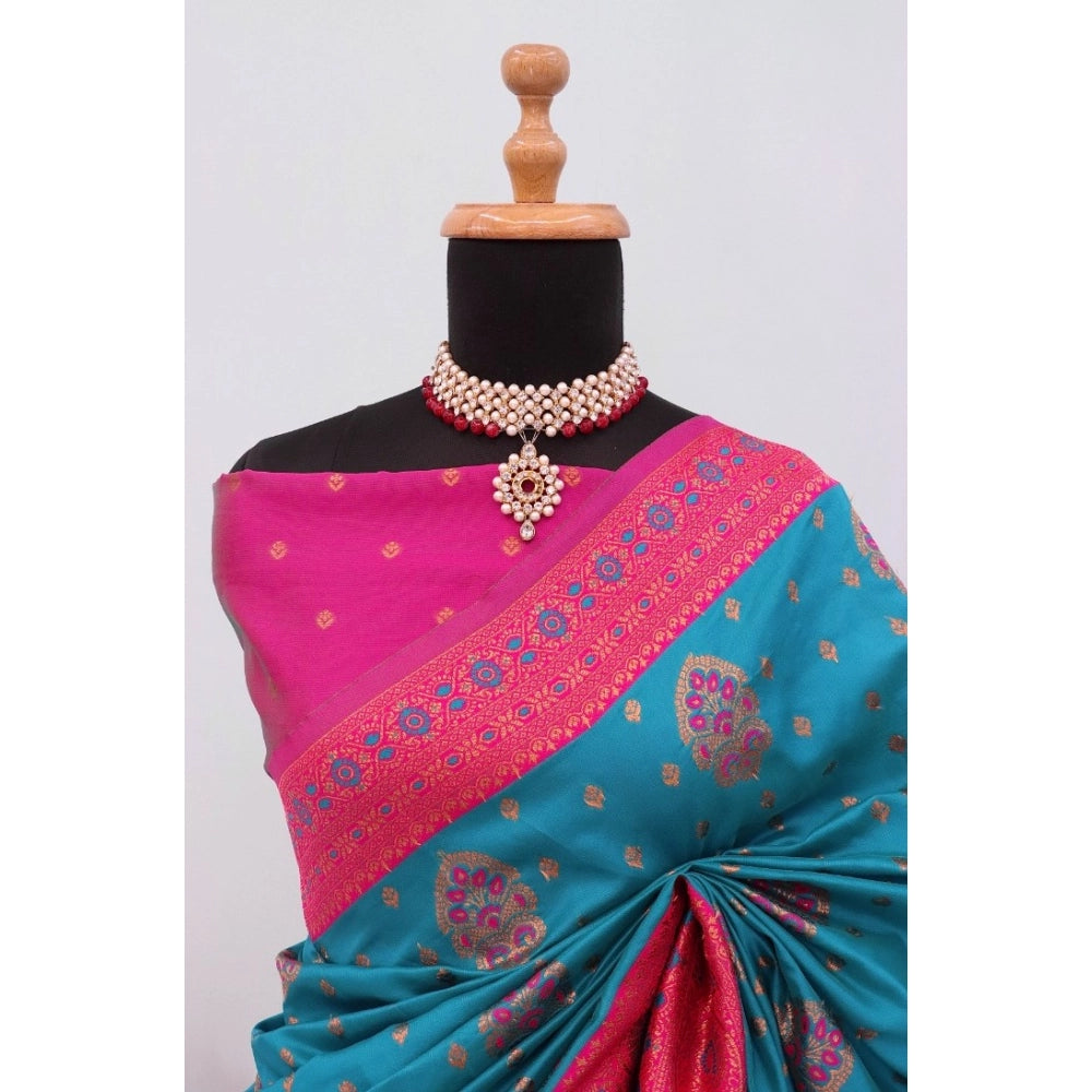 Generic Women's Banarasi Printed Saree With Unstitched Blouse 5.5Mtr (Aqua Blue)
