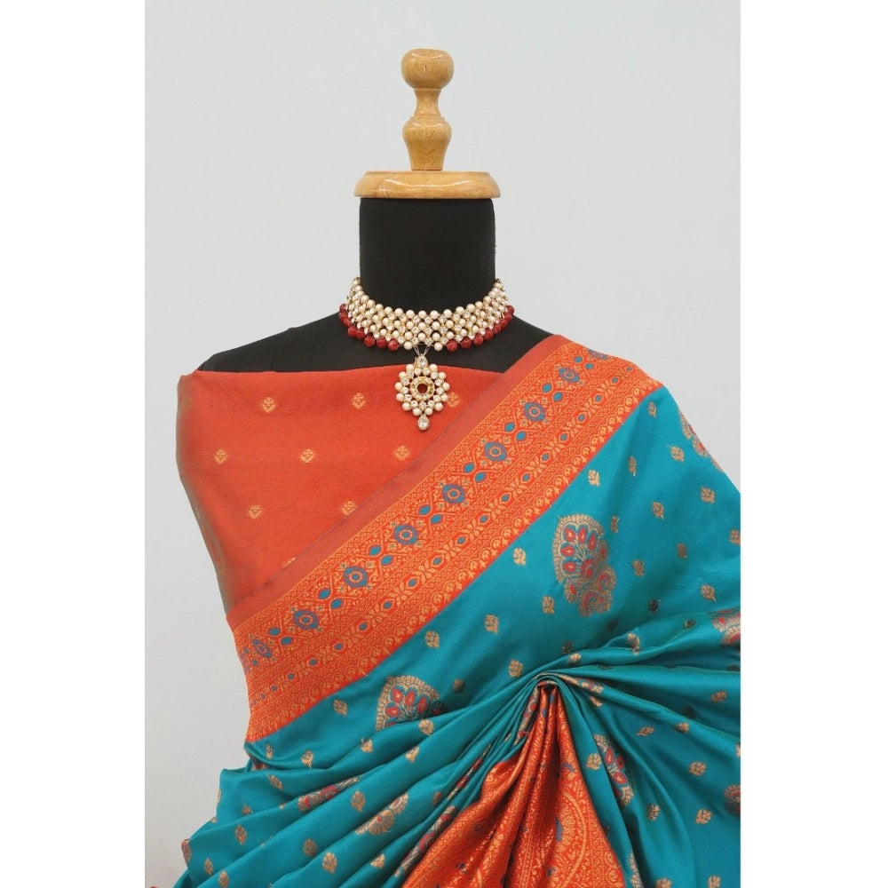 Generic Women's Banarasi Printed Saree With Unstitched Blouse 5.5Mtr (Rama)