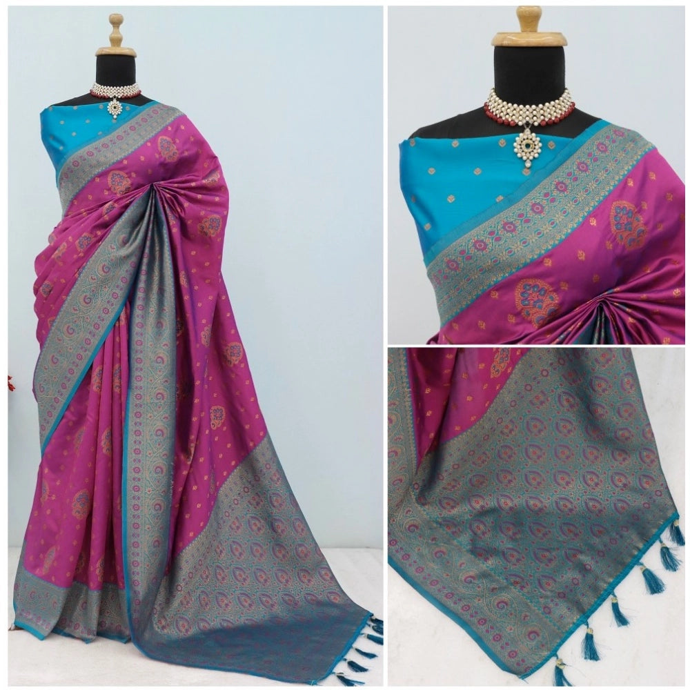 Generic Women's Banarasi Printed Saree With Unstitched Blouse 5.5Mtr (Purple)