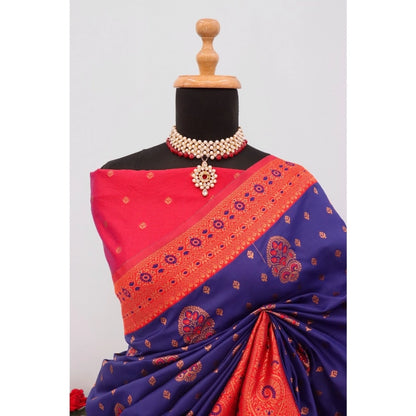 Generic Women's Banarasi Printed Saree With Unstitched Blouse 5.5Mtr (Navy Blue)