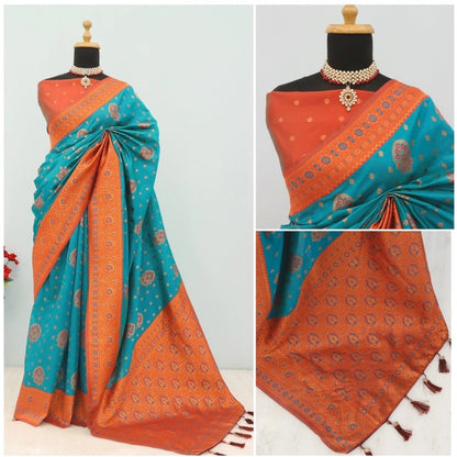 Generic Women's Banarasi Printed Saree With Unstitched Blouse 5.5Mtr (Rama)