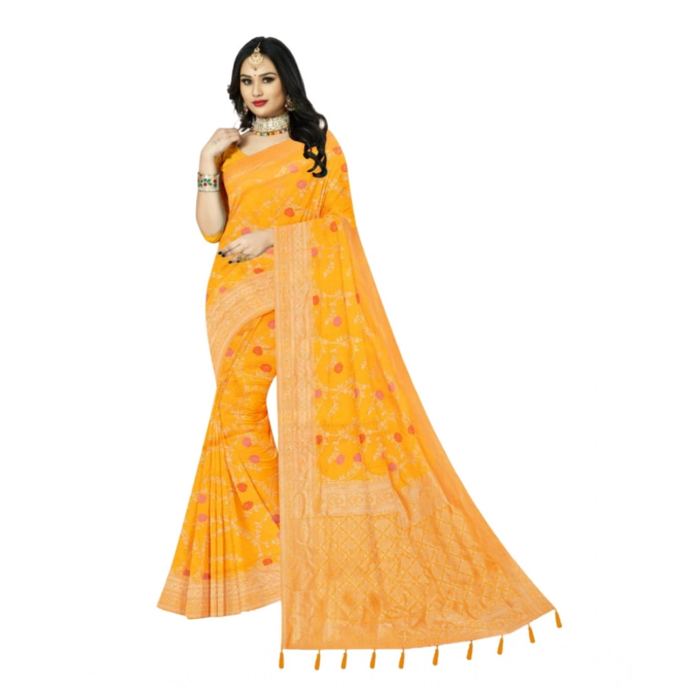 Generic Women's Banarasi Printed Saree With Unstitched Blouse 5.5Mtr (Yellow)