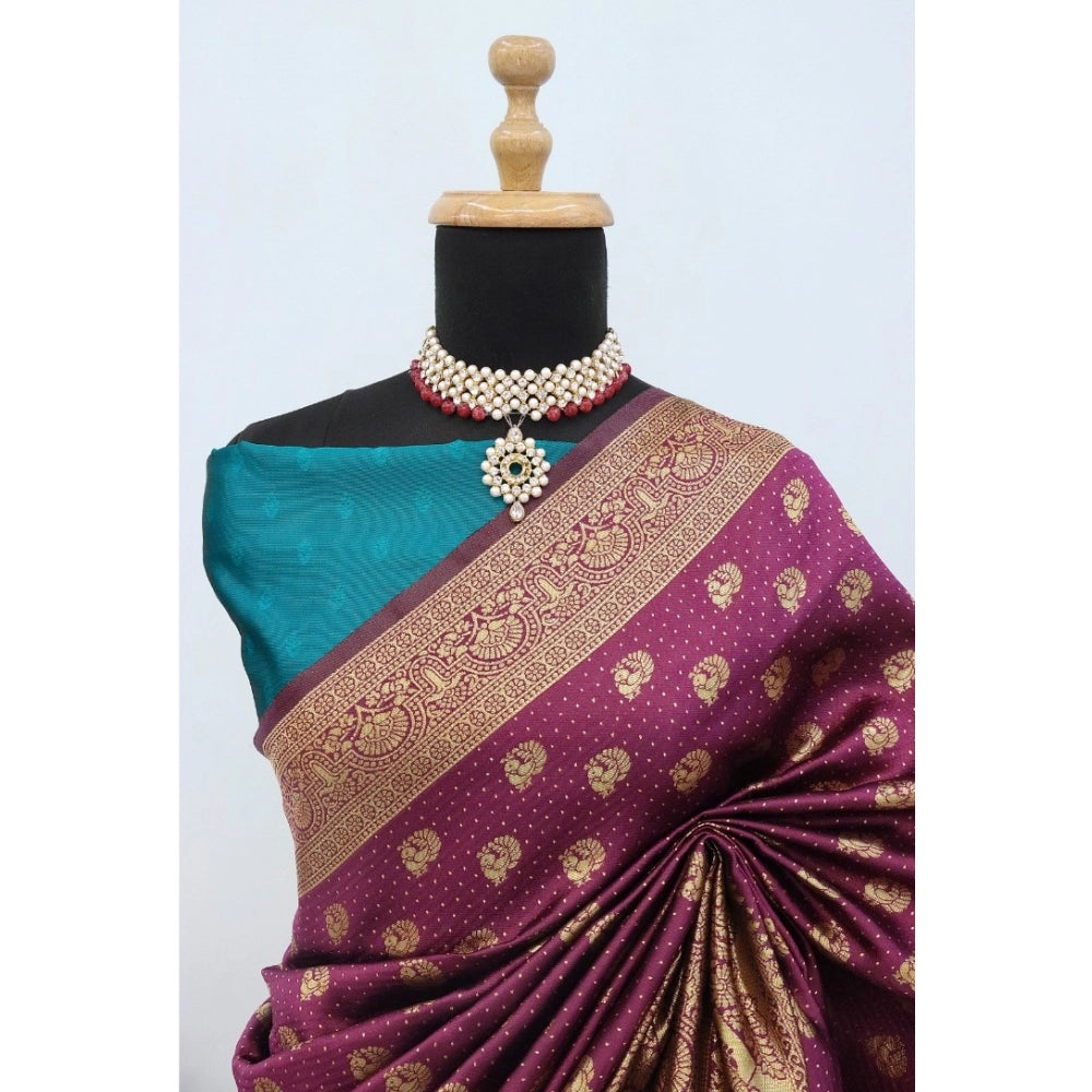 Generic Women's Banarasi Printed Saree With Unstitched Blouse 5.5Mtr (Purple)