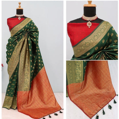 Generic Women's Banarasi Printed Saree With Unstitched Blouse 5.5Mtr (Green)