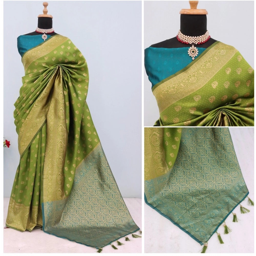 Generic Women's Banarasi Printed Saree With Unstitched Blouse 5.5Mtr (Mehendi Green)