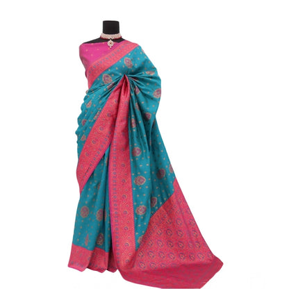 Generic Women's Banarasi Printed Saree With Unstitched Blouse 5.5Mtr (Aqua Blue)
