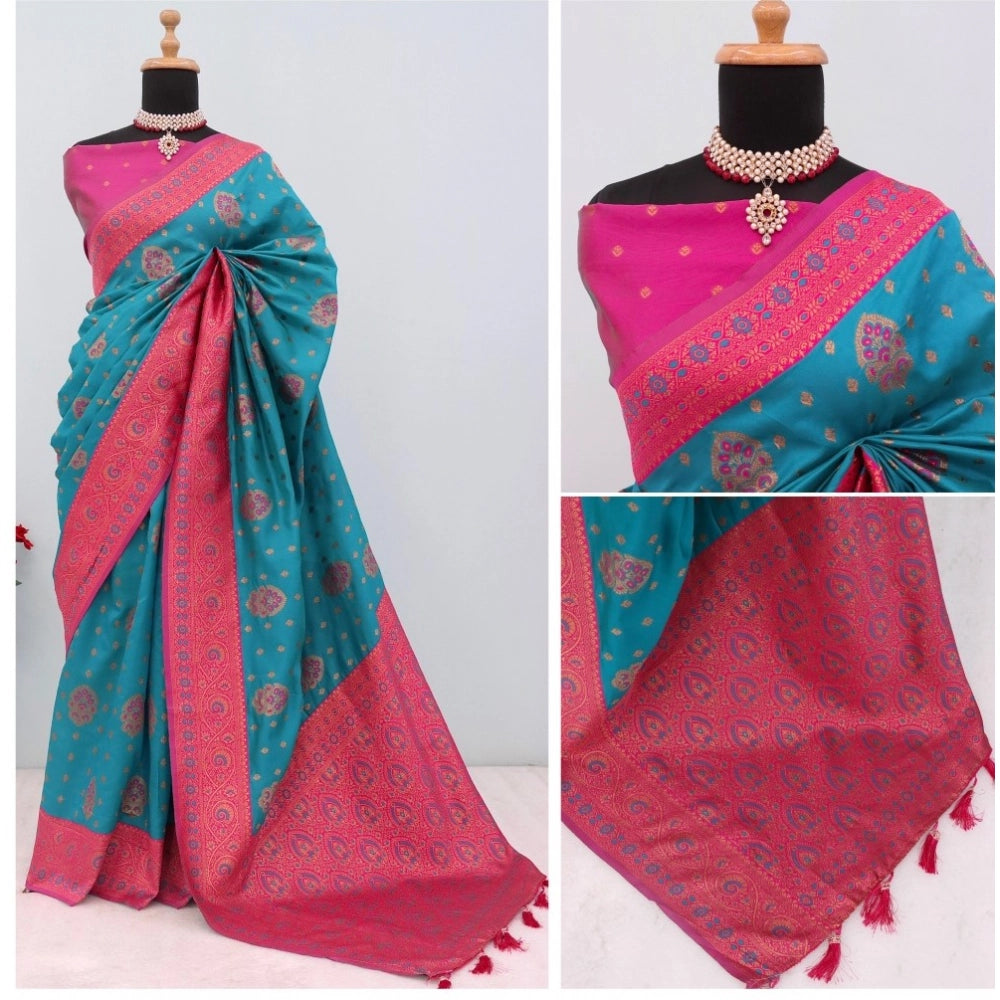 Generic Women's Banarasi Printed Saree With Unstitched Blouse 5.5Mtr (Aqua Blue)