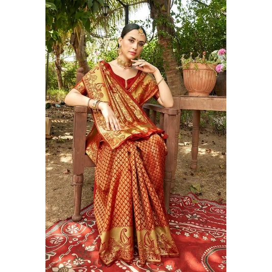 Generic Women's Silk Woven Kanjivaram Saree With Unstitched Blouse (5.5Mtr, Red)