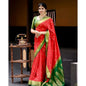 Generic Women's Silk Blend Self Design Banarasi Saree With Unstitched Blouse (5.5Mtr, Red Green)