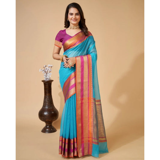 Generic Women's Cotton Blend Woven  Saree With Unstitched Blouse (5.5Mtr, Blue)