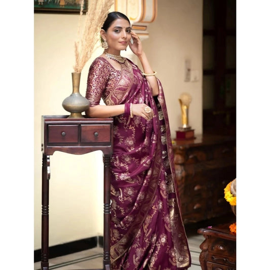 Generic Women's Art Silk Embellished Kanjivaram Saree With Unstitched Blouse (5.5Mtr, Purple)