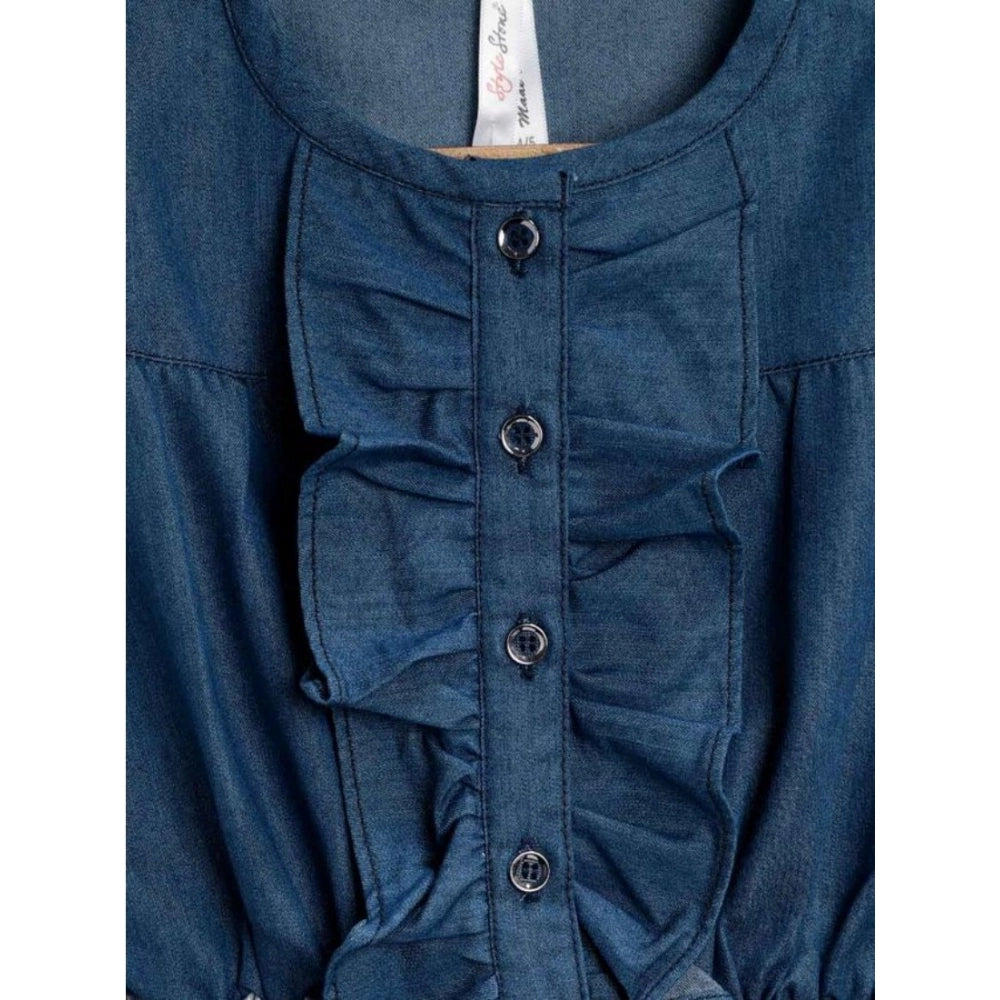 Generic Girl's Denim-Cotton Floral Printed Sleeveless Round Neck Dress (Multicolor)