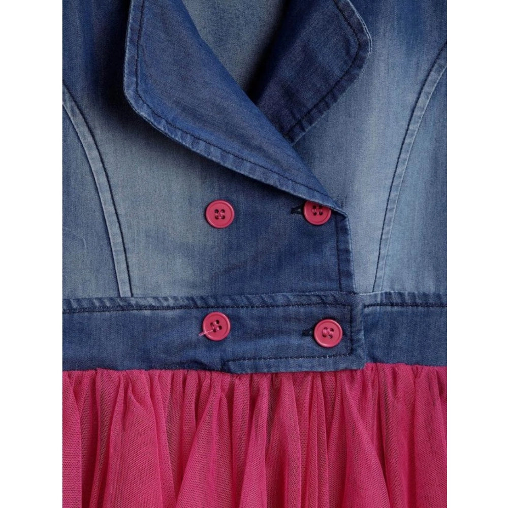 Generic Girl's Polyester Crepe-Net Solid Shoulder Straps Shirt collar Dress (Blue-Pink)