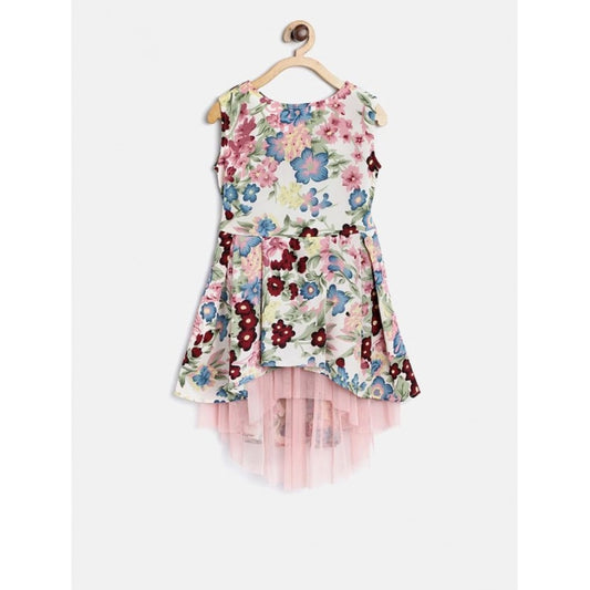 Generic Girl's Polyester Crepe Printed Short Sleeve Round Neck Dress (Multicolor)